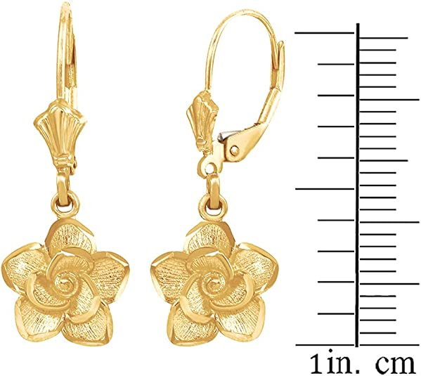 Certified 14K Rose, White, or Yellow Gold Rose Flower Leverback Earrings